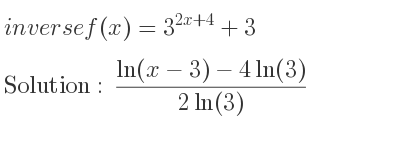 The inverse of f(x)=3^{2x+4}+3 is (ln(x-3)-4ln(3))/(2ln(3))